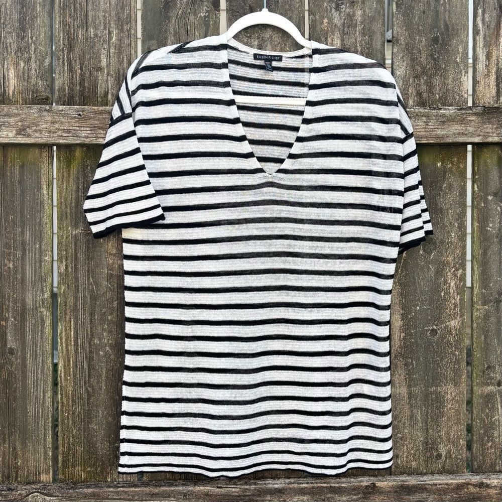 Eileen Fisher‎ Striped Linen V-Neck Shirt XS